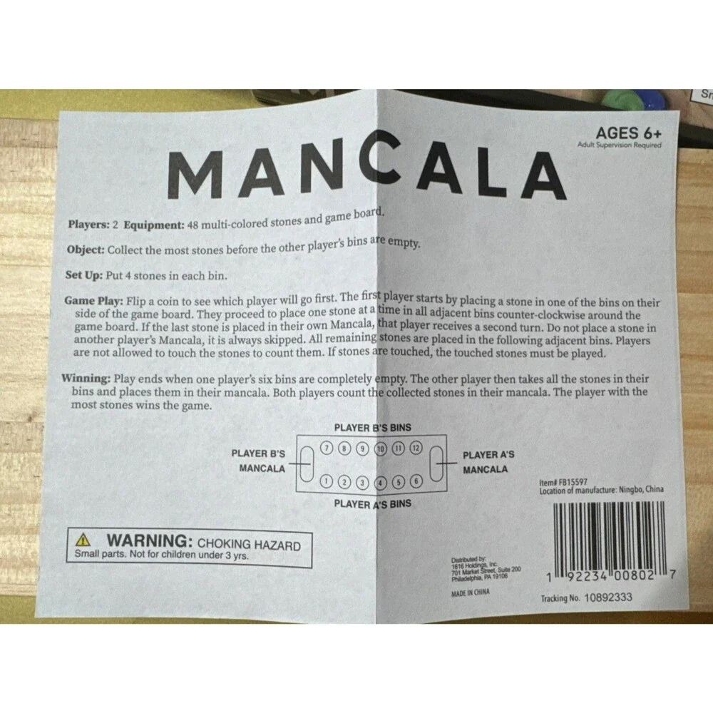 Wooden Classic Folding MANCALA Board Game with Glass 48 Stones. NEW OPEN BOX